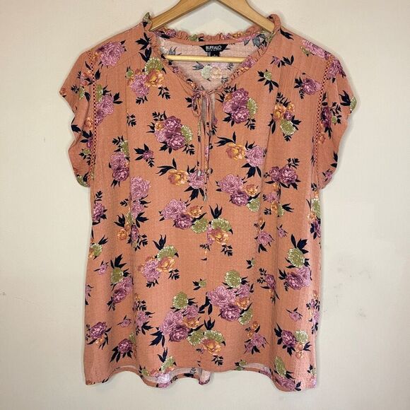 ❄️3/$18 BUFFALO BY DAVID BITTON Floral‎ Boho Flutter Sleeve Top, Large - Picture 3 of 9